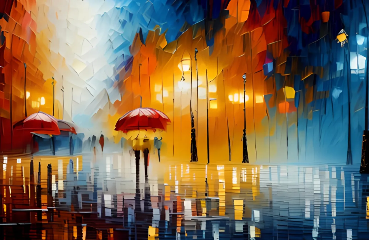 a painting of two umbrellas in the rain