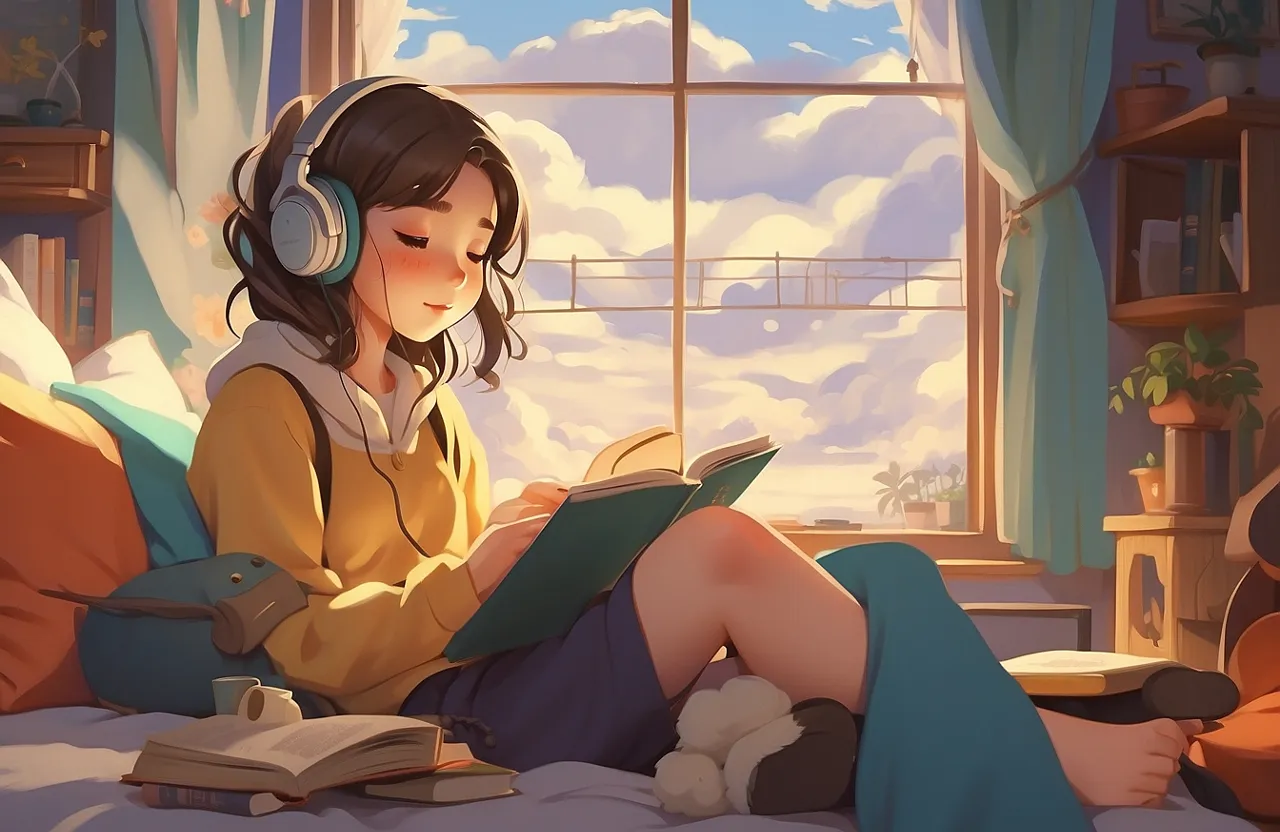 a girl sitting on a bed reading a book