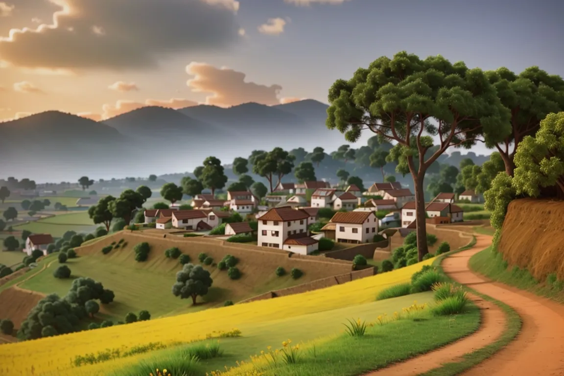  a rural landscape with houses.  trees leaves moving slowly.  Attracted sights, sun shining brightly, wounderful looking. Whole picture slightly moving. 