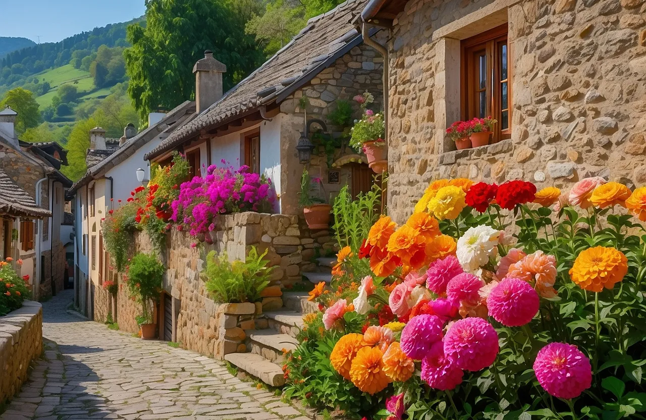 a cobblestone street with flowers growing on the side of it