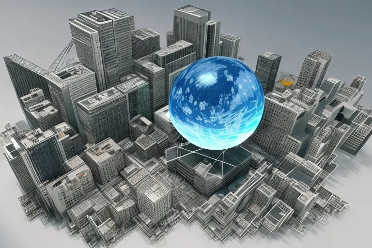 a blue and white globe in the middle of a city