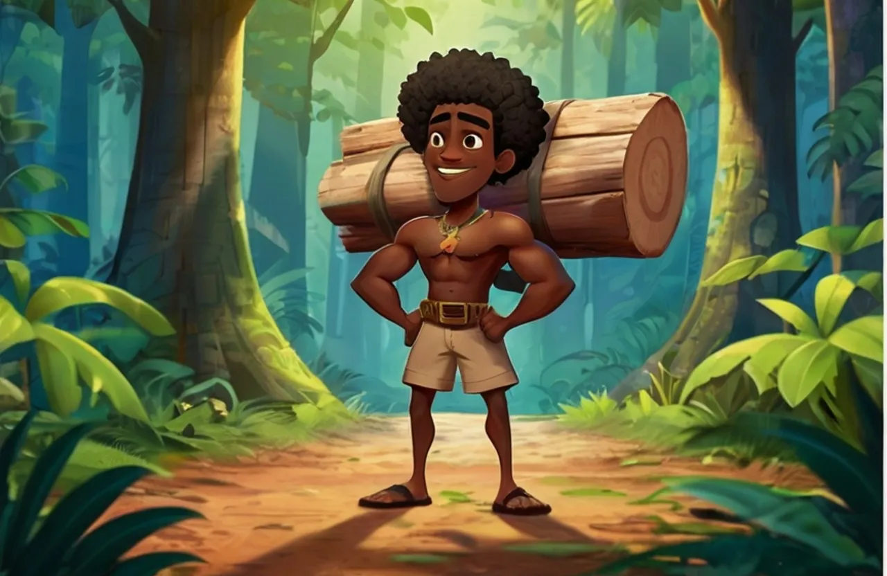 a black man carrying a large log in a forest, 3d animation