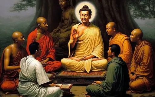 a group of people sitting around a buddha statue make real