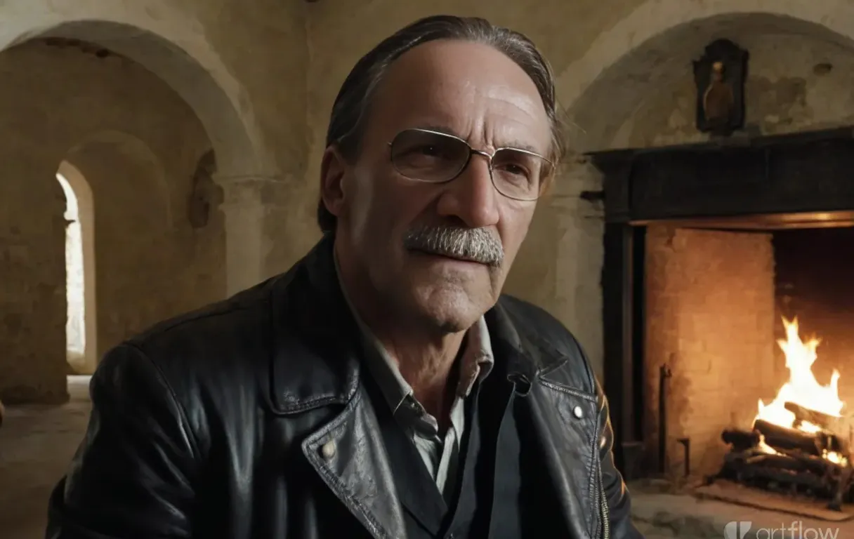 close-up of an Urbex photographer in a black leather jacket who is photographing an old dilapidated living room with fireplace in an old 16th century villa in Tuscany, he hears noises and looks around worriedly. Almost Caravaggio-esque cinematographic light, very intriguing and mysterious.