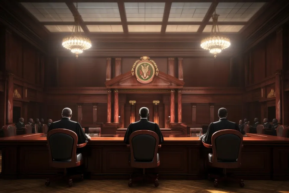 two men sitting at a table in a courtroom