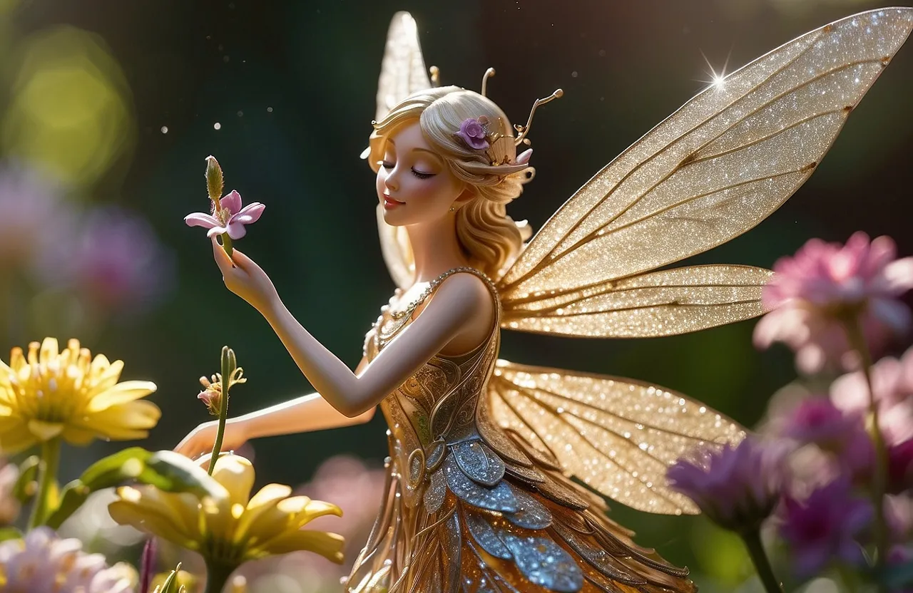  Close-up of a sparkling fairy fluttering among the flowers, her wings shimmering in the sunlight.