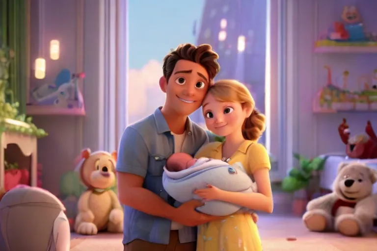 a man and woman holding a baby in a room with teddy bears