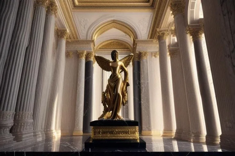 a statue of an angel in a room with columns