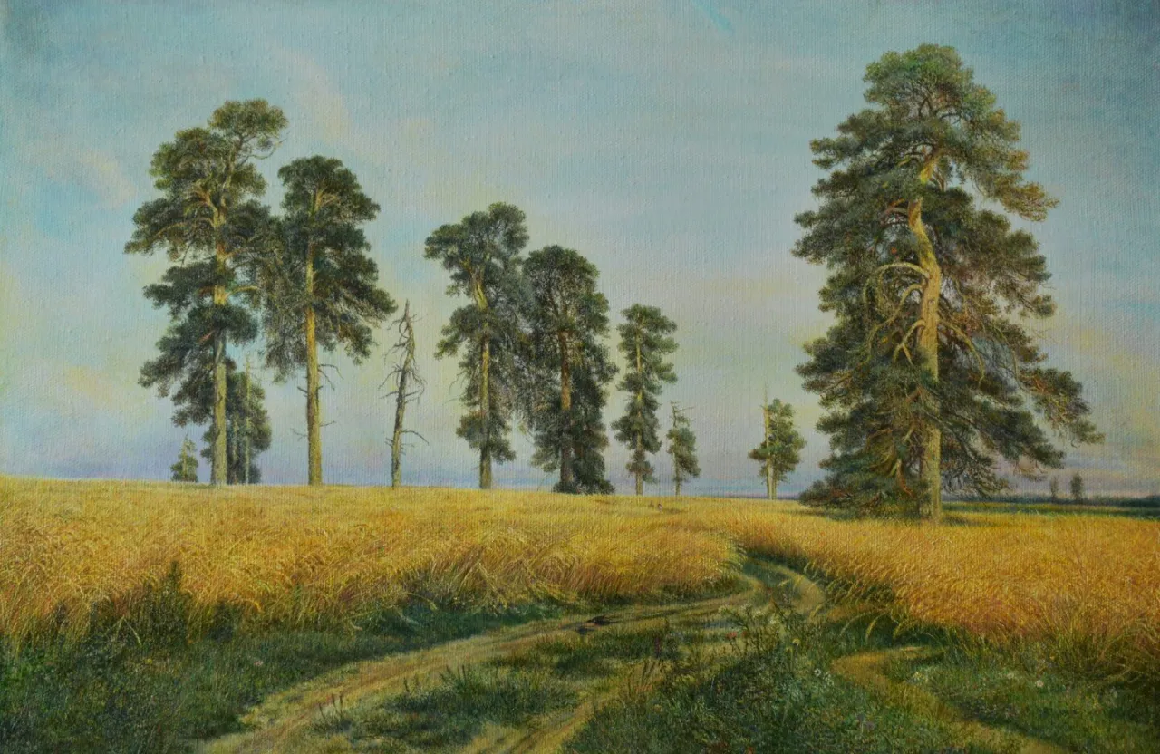 a painting of trees and a dirt road with wind