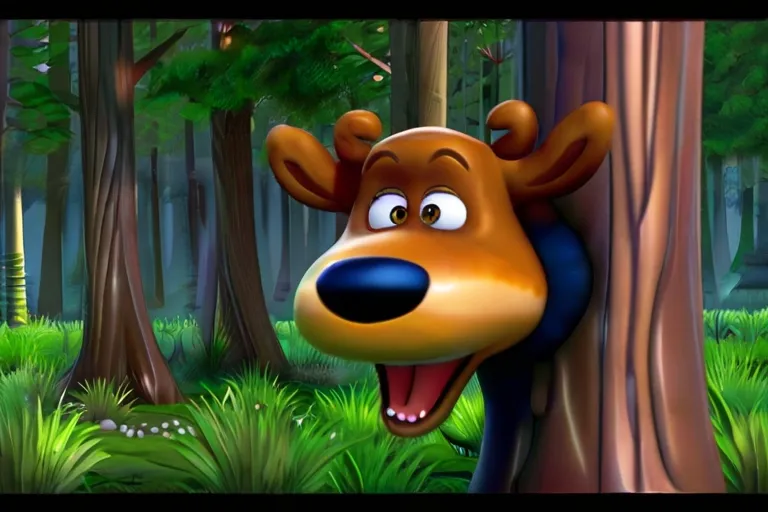 a cartoon bear peeking out from behind a tree