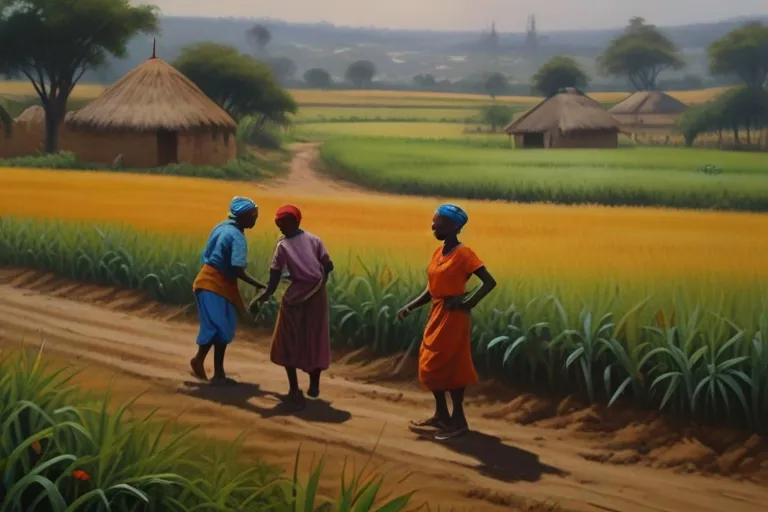 a painting of three people walking down a dirt road