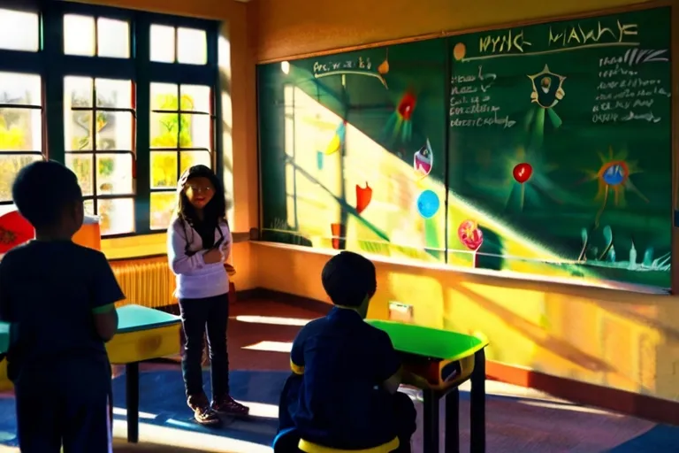 a group of children standing in front of a chalk board