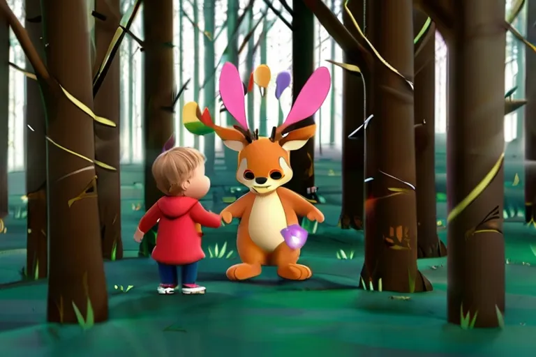 a little boy standing next to a little girl in a forest