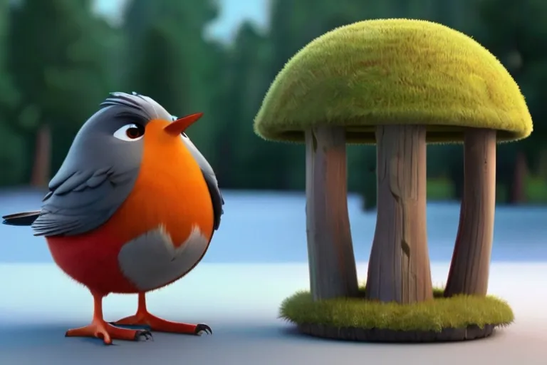 a bird is standing next to a mushroom"Rosie, the Robin, has a voice as melodious as the forest itself. Her songs lift the spirits of all who hear them, filling the air with happiness."