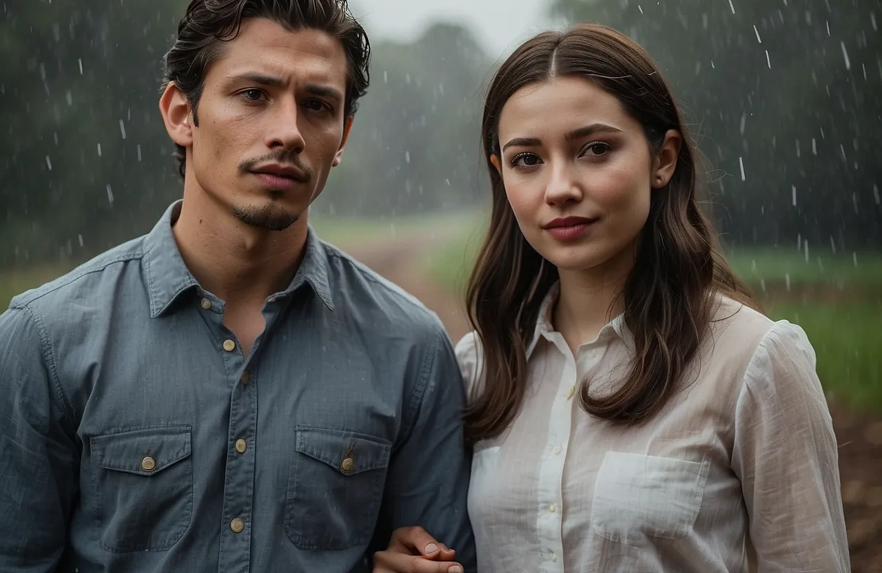 a man and a woman standing in the rain