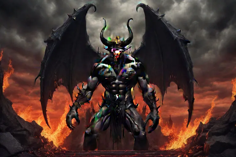 a demonic demon standing in front of a fire filled sky