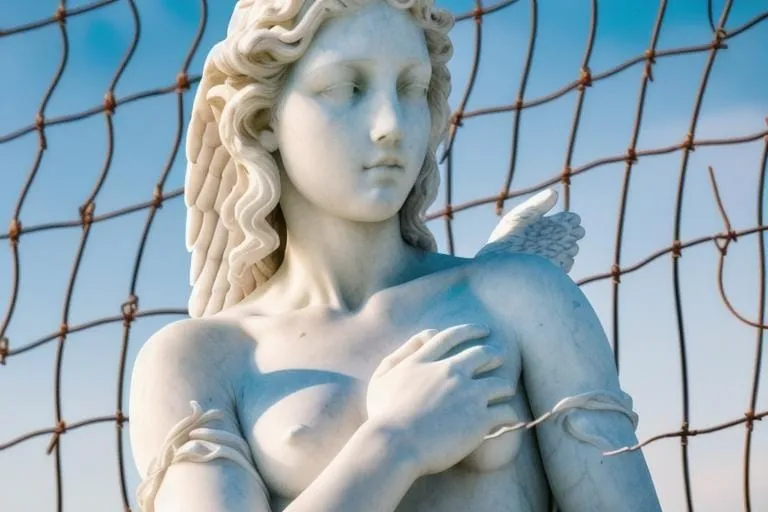 a statue of a woman holding a bird next to a fence