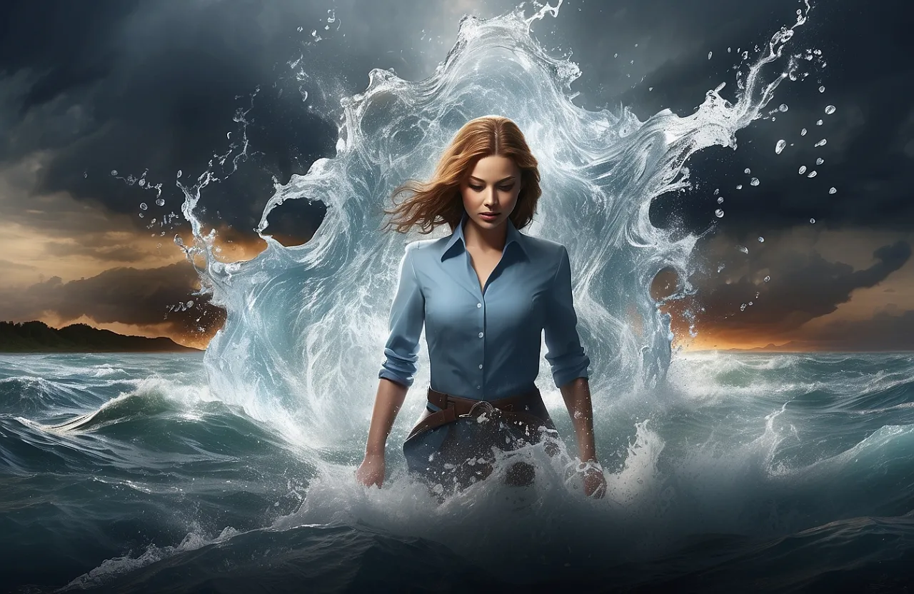 a woman in a blue shirt is standing in the water