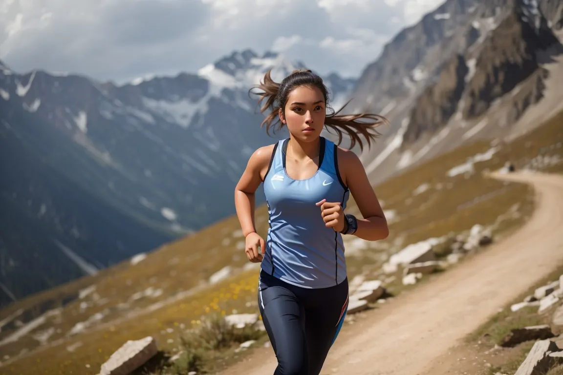 a woman running down a dirt road in the mountains