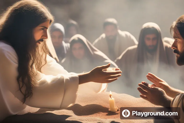 a man in a white robe is handing a candle to a woman in a white