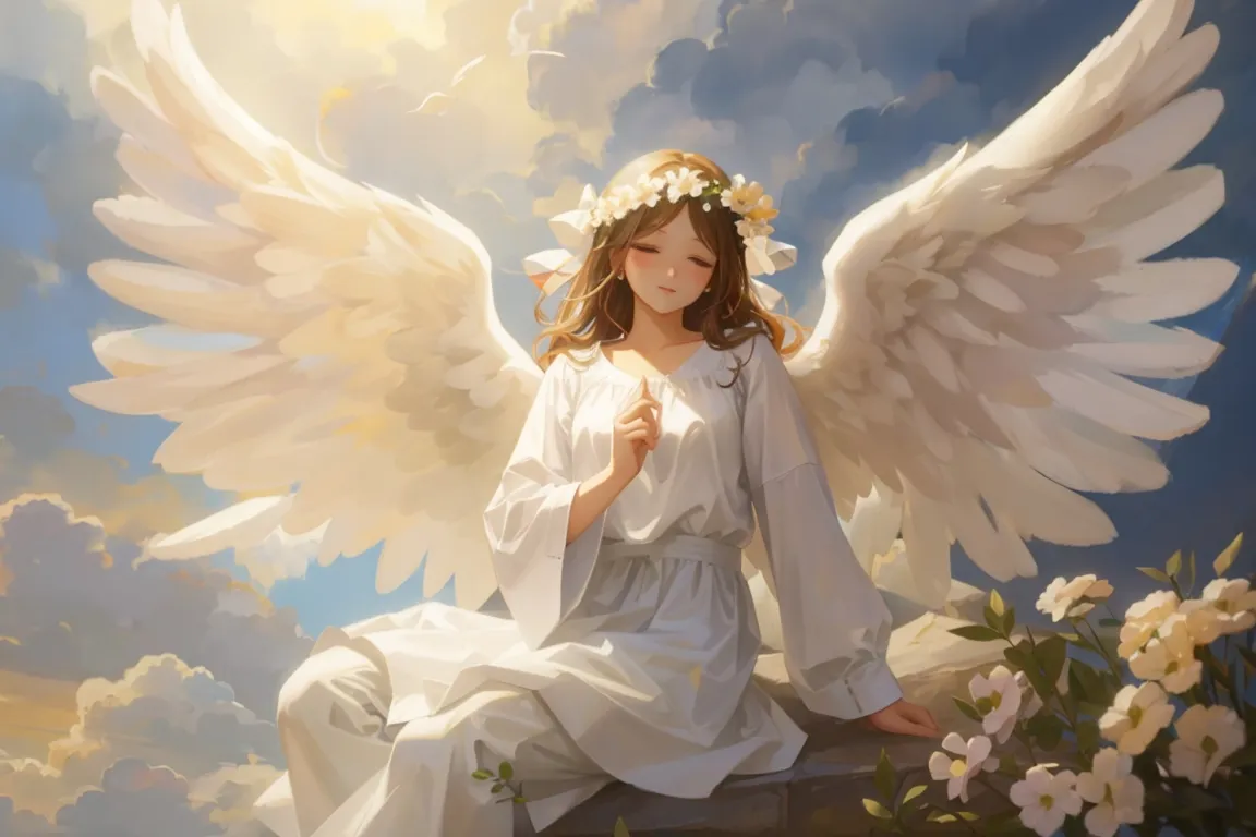 a painting of an angel sitting on a rock