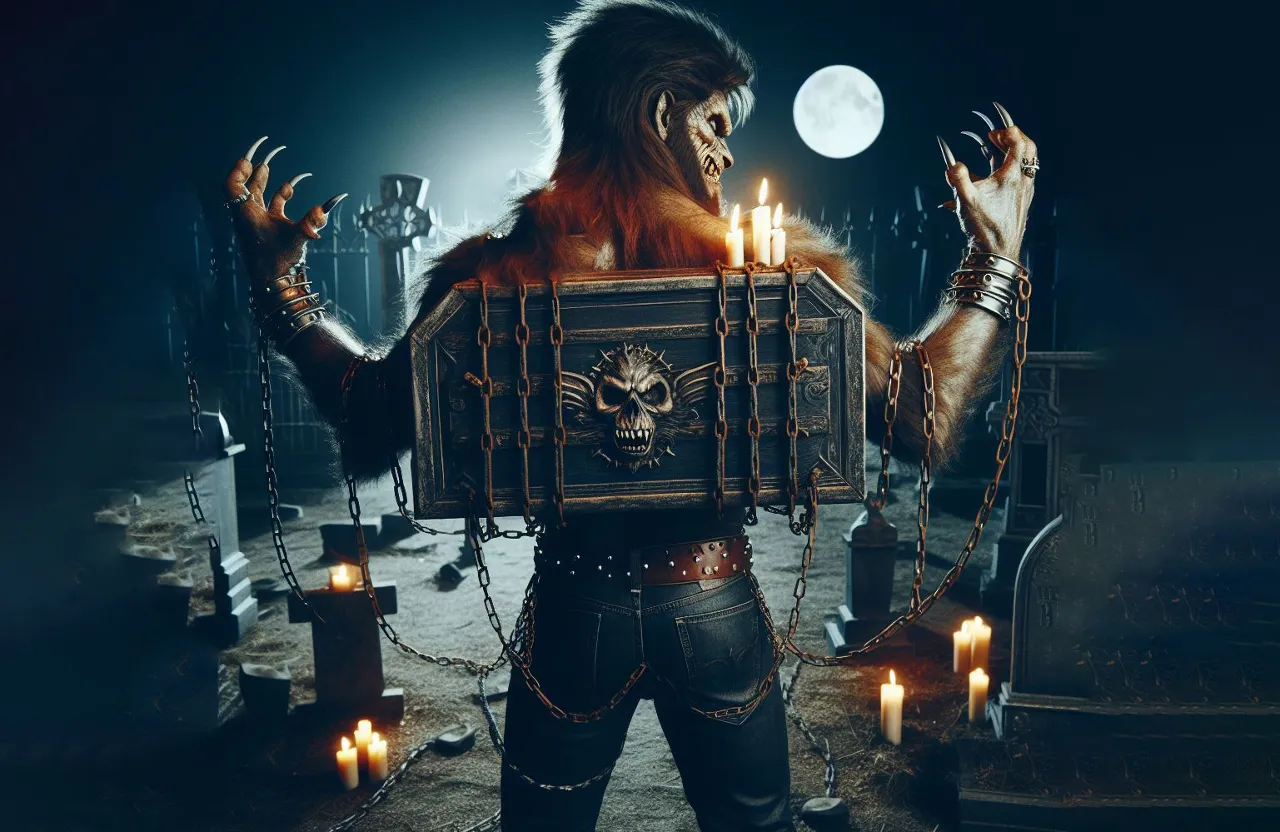 werewolf, with a coffin on his back, 3 candles on the coffin, chains around his waist and hands, seen from the back, walking through an empty village, misty night