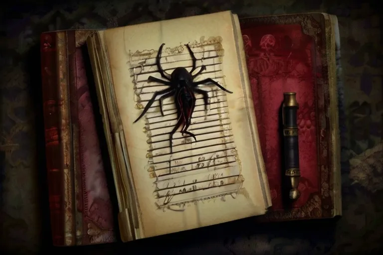 a book with a spider on it next to a pen