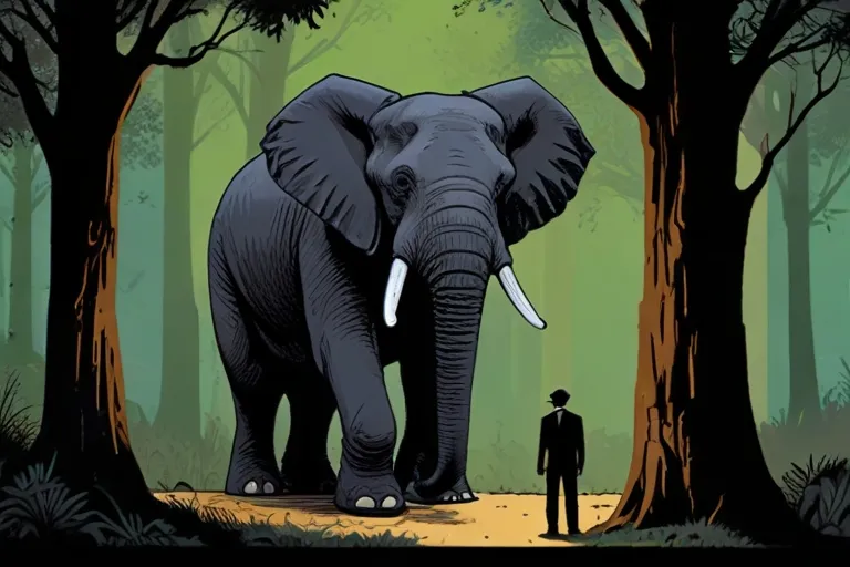 a man standing next to an elephant in a forest