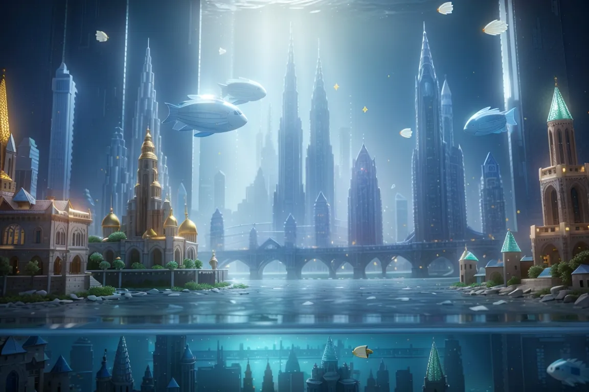 An expansive, underwater cityscape with towering buildings made of gleaming crystal and intricate architecture.