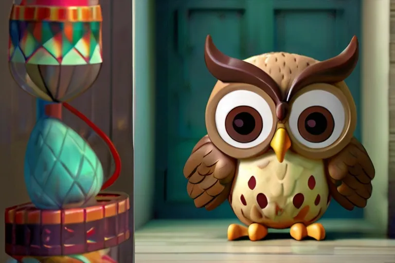 a cartoon owl sitting on a table next to a lamp