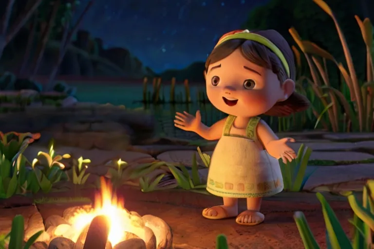 a little girl standing in front of a campfire