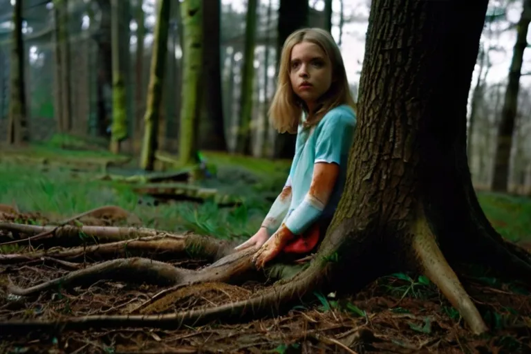 a woman sitting on the ground next to a tree