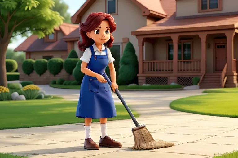 a woman in a blue dress is cleaning the yard