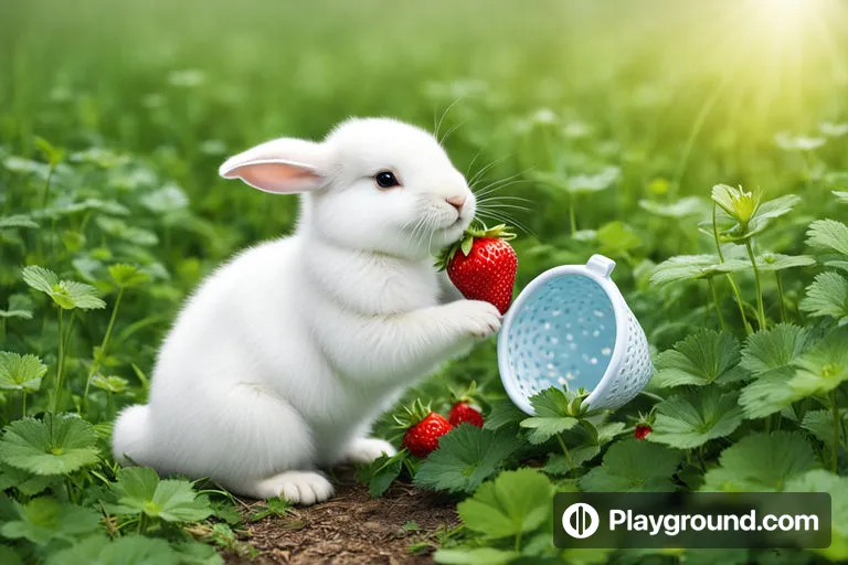 a white rabbit eating a strawberry in a field