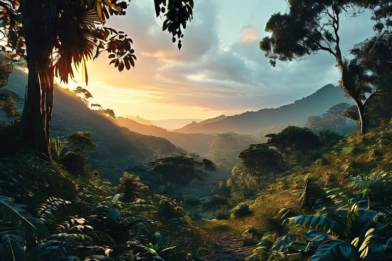  A panoramic view of the vast expanse of the jungle stretching out before the friends' campsite, the trees bathed in the soft light of the setting sun, while ominous shadows dance among the foliage, hinting at the mysteries waiting to be uncovered in the depths of the wilderness., unreal engine, greg rutkowski, loish, rhads, beeple, makoto shinkai and lois van baarle, ilya kuvshinov, rossdraws, tom bagshaw, alphonse mucha, global illumination, detailed and intricate environment