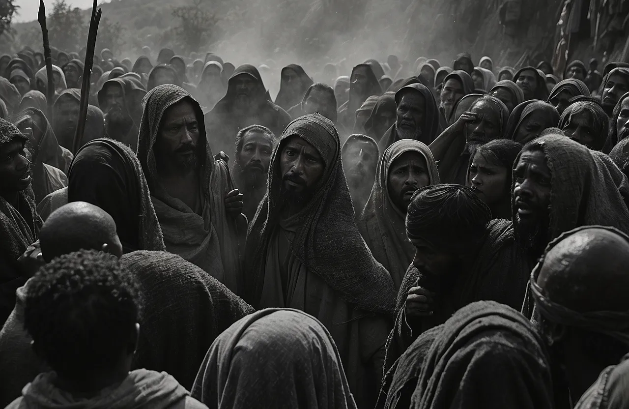 a crowd of black ancient people standing around each other