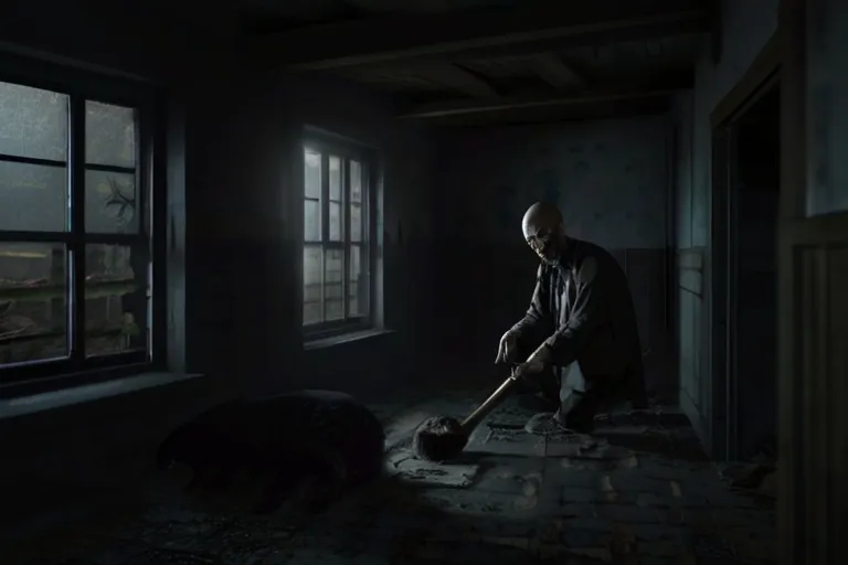 a man in a dark room with a broom