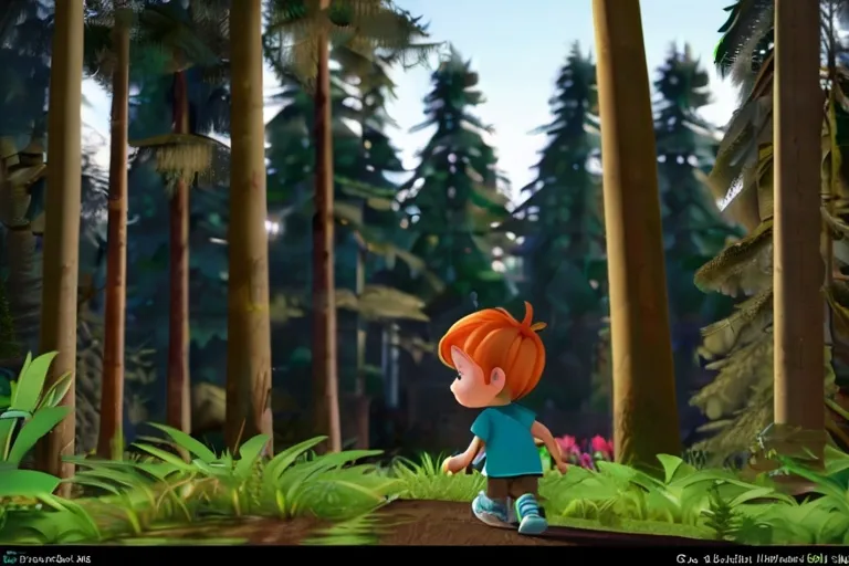 a little boy walking through a forest with lots of trees