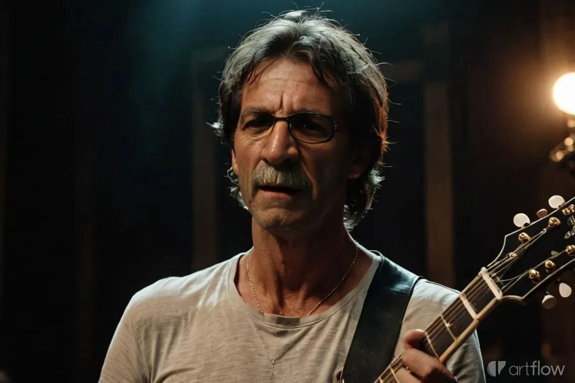 Man with mustache playing guitar on a tranquil, tropical beach at sunset