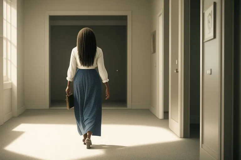 a woman walking down a hallway in a white shirt and blue skirt walking thru the hallway