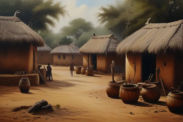 a painting of a village with thatched roofs