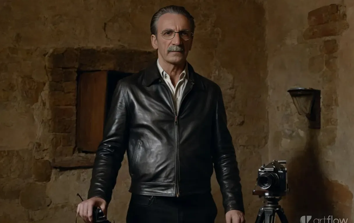 a man in a black leather jacket standing next to a camera