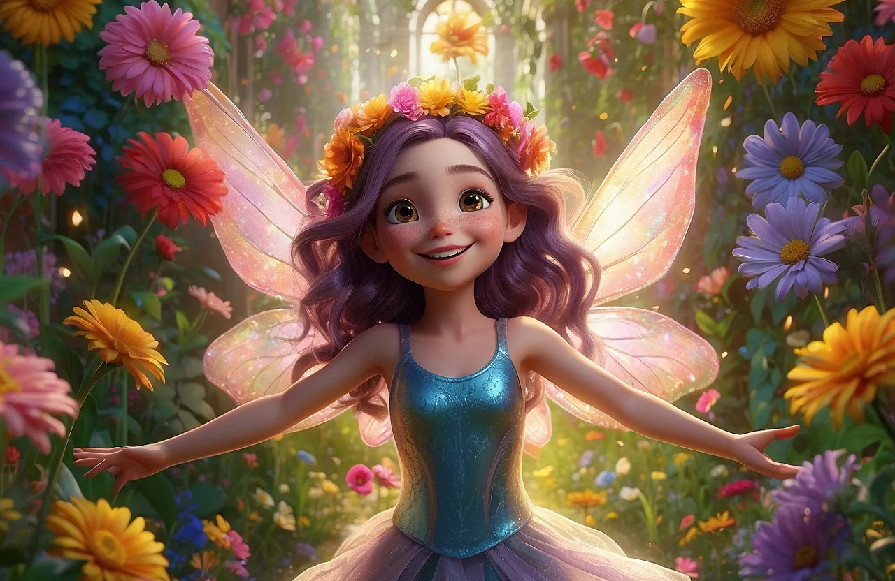  Aria, a young fairy with shimmering wings and a bright smile, standing amidst a bed of vibrant flowers, her arms outstretched in joy.