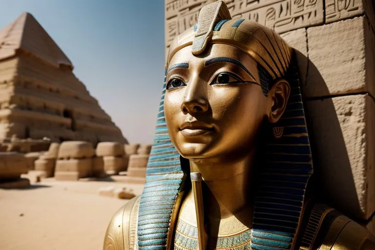 a golden statue of an egyptian woman in front of a pyramid