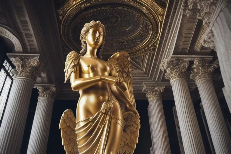 a golden statue of an angel in a building