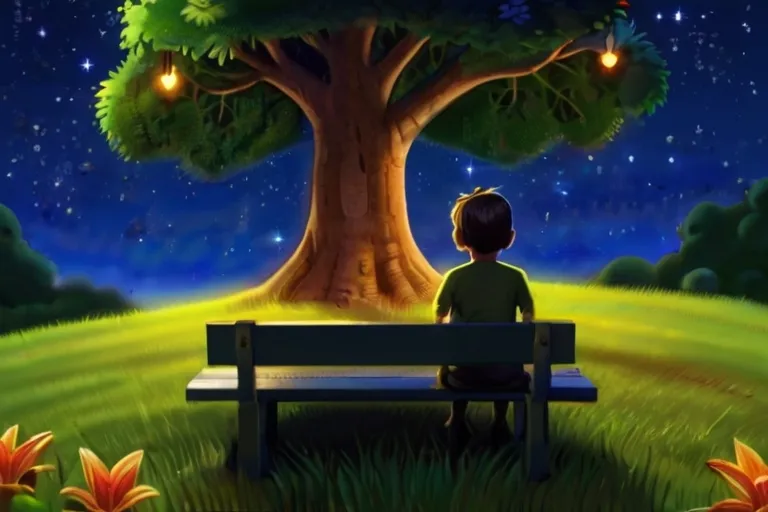 a boy sitting on a bench in front of a tree