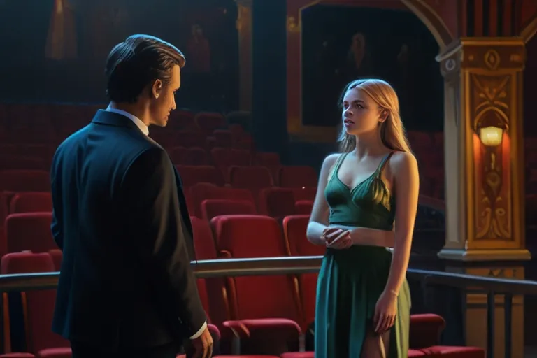 a woman in a green dress standing next to a man in a suit