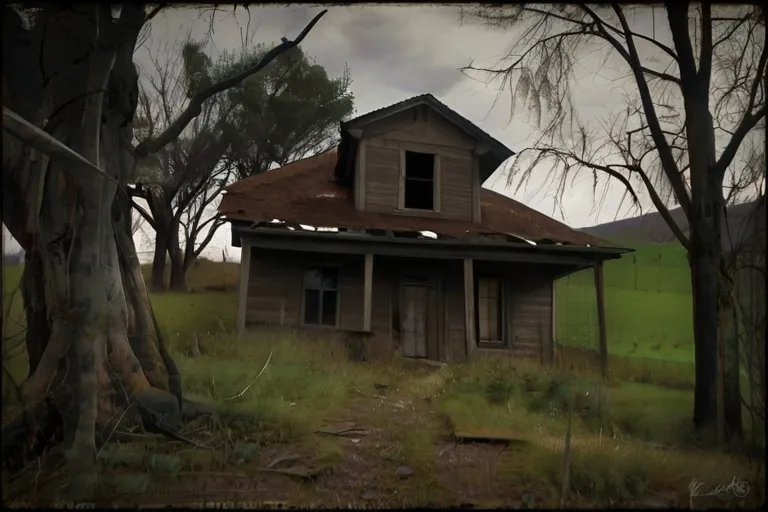 an old run down house in the middle of a field