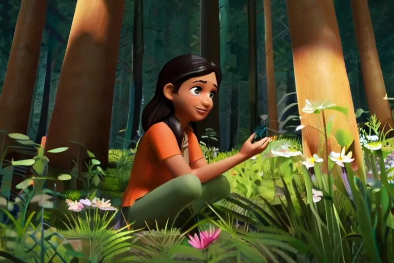 a young girl sitting in the middle of a forest