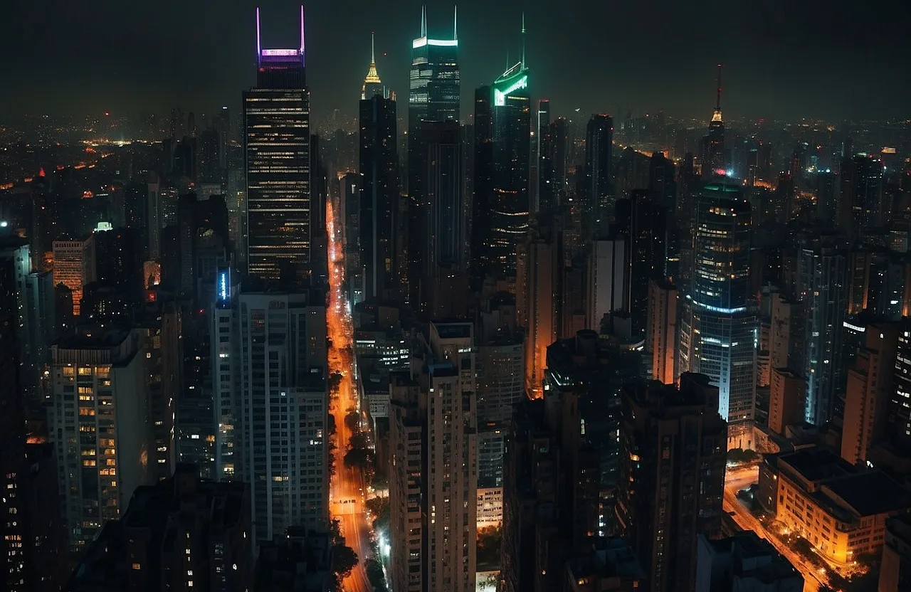 a view of a city at night from the top of a skyscraper